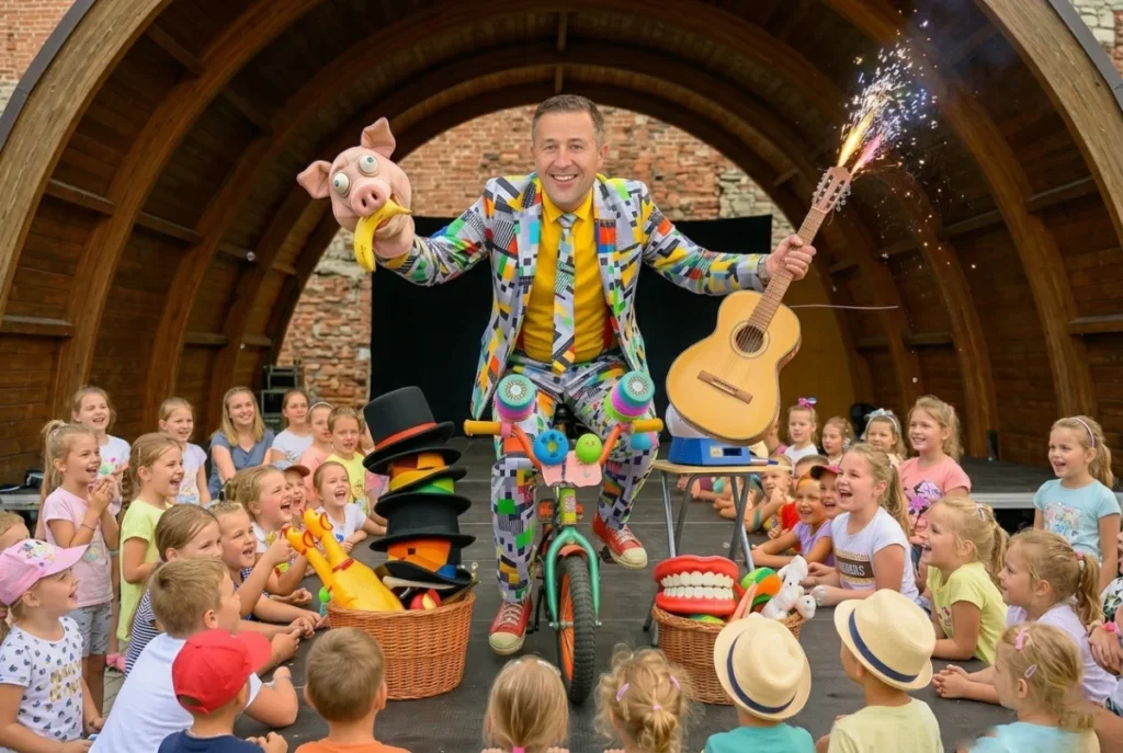 Dzieci śmieją się podczas interaktywnego show scenicznego